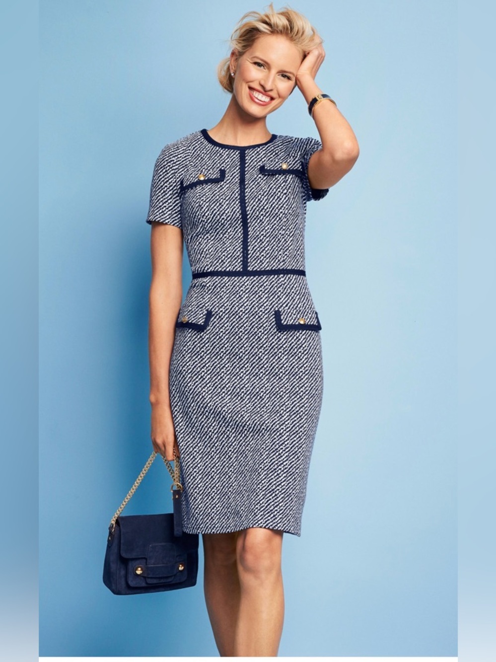 Talbots Textured Ponte Sheath Dress, navy blue and white, Size 14